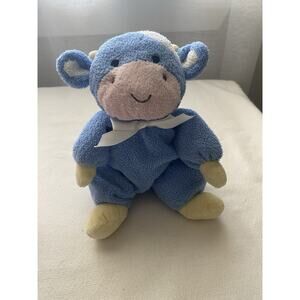 VTG Prestige Toy Corp Cow Plush Rattle Blue Pink Yellow White Ribbon TAG FADED